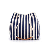 NNEDSZ Blue Stripes Canvas Bucket Tote Bag with Leather Handle