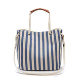 NNEDSZ Light Blue Stripes Canvas Bucket Tote Bag with Leather Handle