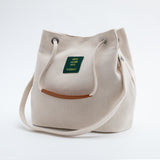 NNEDSZ Beige Canvas Bucket Tote Bag with Leather Handle