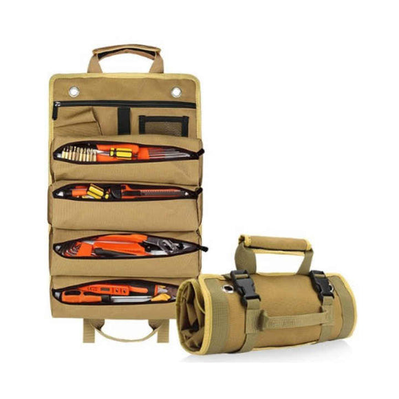 NNEDSZ Khaki Portable Roll-Up Tool Organizer with Zippered Pockets