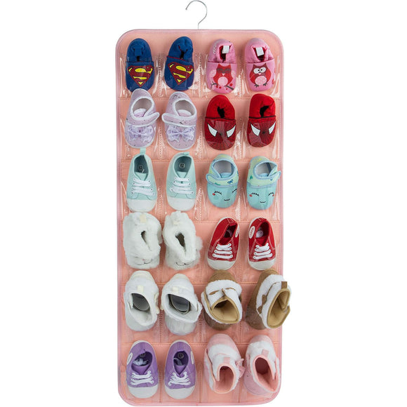 NNEDSZ Pink Hanging Felt Shoe Organizer with 24 Clear Pockets - Anti-Rust Metal Hanger Included, Perfect for Shoes, Toys, and Accessories