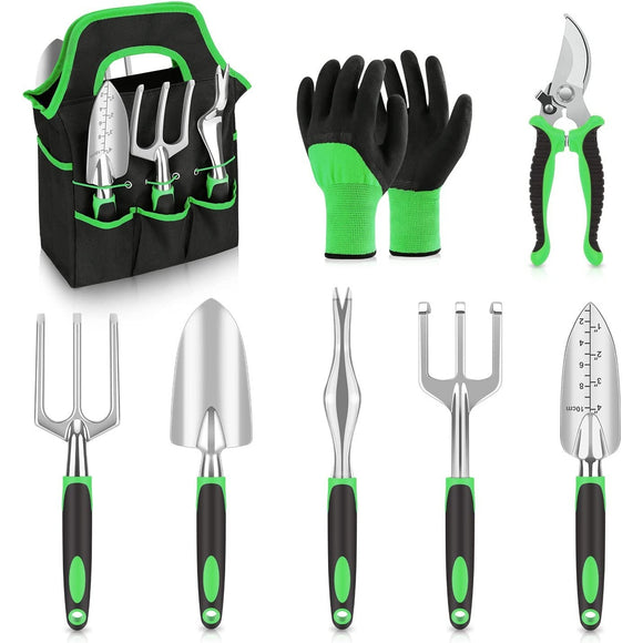 NNEDSZ Green 8-Piece Heavy-Duty Gardening Tool Set with Ergonomic Handles and Storage Bag