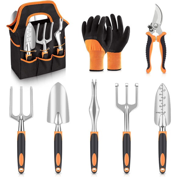 NNEDSZ Orange 8-Piece Heavy-Duty Gardening Tool Set with Ergonomic Handles and Storage Bag