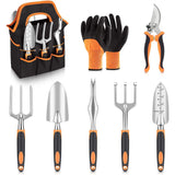 NNEDSZ Orange 8-Piece Heavy-Duty Gardening Tool Set with Ergonomic Handles and Storage Bag