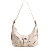 NNEDSZ White Vintage Studded PU Leather Shoulder Bag with Adjustable Strap