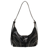 NNEDSZ Black Vintage Studded PU Leather Shoulder Bag with Adjustable Strap