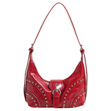 NNEDSZ Red Vintage Studded PU Leather Shoulder Bag with Adjustable Strap