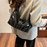 NNEDSZ Red Vintage Studded PU Leather Shoulder Bag with Adjustable Strap
