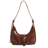 NNEDSZ Brown Vintage Studded PU Leather Shoulder Bag with Adjustable Strap