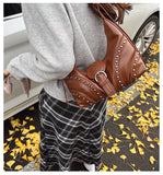 NNEDSZ Brown Vintage Studded PU Leather Shoulder Bag with Adjustable Strap