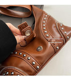 NNEDSZ Brown Vintage Studded PU Leather Shoulder Bag with Adjustable Strap