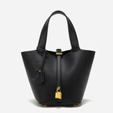 NNEDSZ Black Elegant Women's Leather Tote Handbag with Gold Lock Detail
