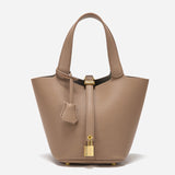 NNEDSZ Grey Elegant Women's Leather Tote Handbag with Gold Lock Detail