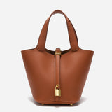 NNEDSZ Brown Elegant Women's Leather Tote Handbag with Gold Lock Detail