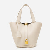 NNEDSZ Beige Elegant Women's Leather Tote Handbag with Gold Lock Detail