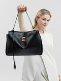 NNEDSZ Elegant Black Leather Handbag with Gold Accents - Versatile Shoulder and Hand Carry