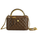 NNEDSZ Brown Luxury Quilted Mini Box Handbag with Chain Strap and Metal Handle - Elegant Evening Purse