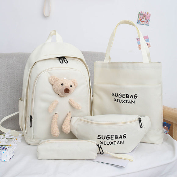 NNEDSZ White Cute Little Bear Girls' Backpack Set - Korean Style Large Capacity School Bag for High School & Middle School Students, 4-Piece Set