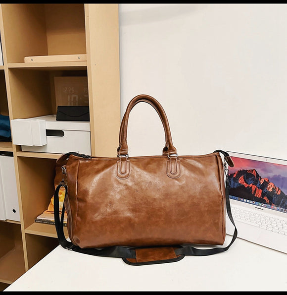 NNEDSZ Brown Solid Color Unisex Large Capacity Fitness Bag - Leather Sports Bag, Crossbody Travel Bag, Gym and Luggage Handbag