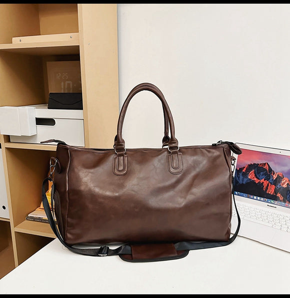 NNEDSZ Dark Brown Solid Color Unisex Large Capacity Fitness Bag - Leather Sports Bag, Crossbody Travel Bag, Gym and Luggage Handbag