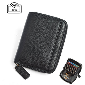 NNEDSZ Black Genuine Leather Women’s Wallet – Short Accordion Card Holder with RFID Protection, Zippered Coin Purse in Cowhide Leather, Japanese Style