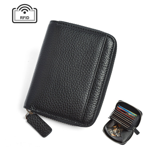 NNEDSZ Black Genuine Leather Women’s Wallet – Short Accordion Card Holder with RFID Protection, Zippered Coin Purse in Cowhide Leather, Japanese Style