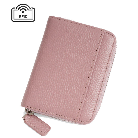 NNEDSZ Pink Genuine Leather Women’s Wallet – Short Accordion Card Holder with RFID Protection, Zippered Coin Purse in Cowhide Leather, Japanese Style