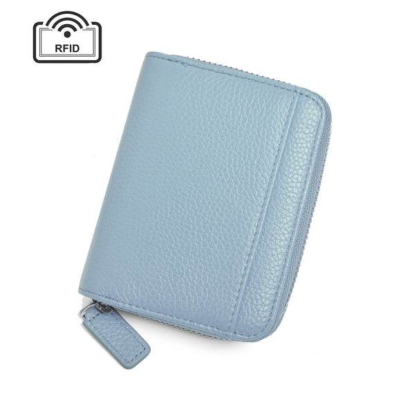 NNEDSZ Blue Genuine Leather Women’s Wallet – Short Accordion Card Holder with RFID Protection, Zippered Coin Purse in Cowhide Leather, Japanese Style