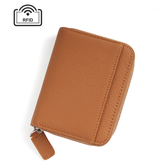 NNEDSZ Brown Genuine Leather Women’s Wallet – Short Accordion Card Holder with RFID Protection, Zippered Coin Purse in Cowhide Leather, Japanese Style