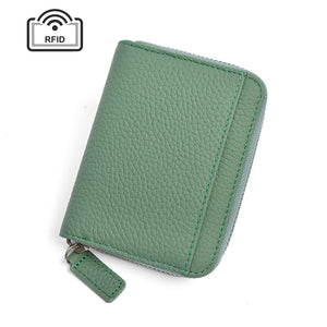 NNEDSZ Green Genuine Leather Women’s Wallet – Short Accordion Card Holder with RFID Protection, Zippered Coin Purse in Cowhide Leather, Japanese Style