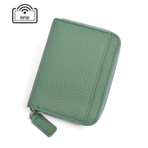 NNEDSZ Green Genuine Leather Women’s Wallet – Short Accordion Card Holder with RFID Protection, Zippered Coin Purse in Cowhide Leather, Japanese Style