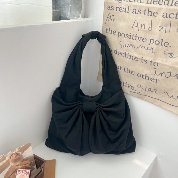 NNEDSZ Black Women's Bowknot Shoulder Bag - New Sweet Style, Large Capacity Canvas Tote Bag, Commuter Single Shoulder Handbag