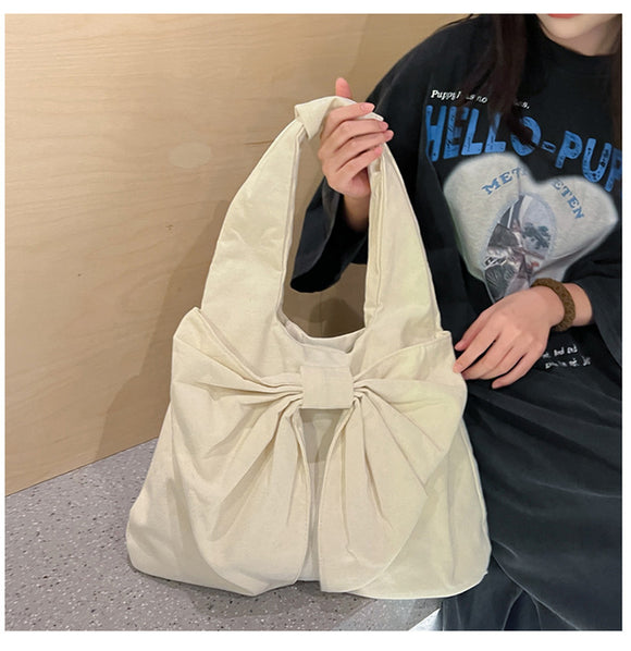 NNEDSZ White Women's Bowknot Shoulder Bag - New Sweet Style, Large Capacity Canvas Tote Bag, Commuter Single Shoulder Handbag