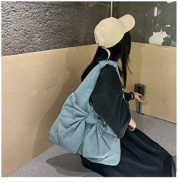 NNEDSZ Blue Women's Bowknot Shoulder Bag - New Sweet Style, Large Capacity Canvas Tote Bag, Commuter Single Shoulder Handbag