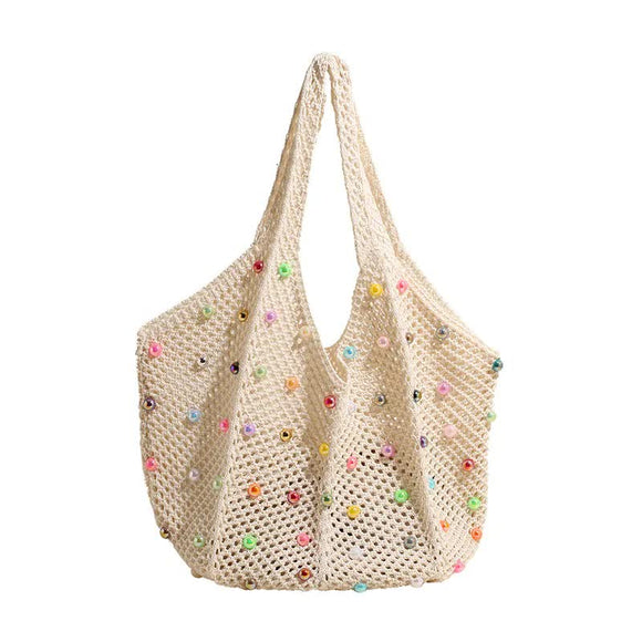 NNEDSZ White Summer Woven Handbag – Hollow Straw Beach Tote with Colorful Beads, Lazy Style, Large Capacity Shoulder Bag for Vacation
