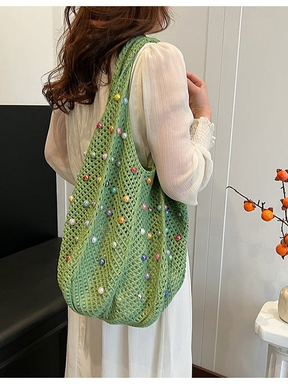NNEDSZ Green Summer Woven Handbag - Hollow Straw Beach Tote with Colorful Beads, Lazy Style, Large Capacity Shoulder Bag for Vacation