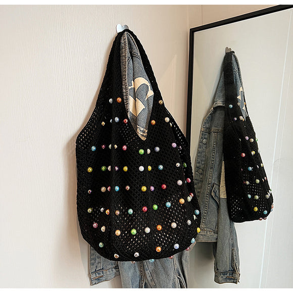 NNEDSZ Black Summer Woven Handbag - Hollow Straw Beach Tote with Colorful Beads, Lazy Style, Large Capacity Shoulder Bag for Vacation