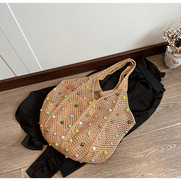 NNEDSZ Brown Summer Woven Handbag - Hollow Straw Beach Tote with Colorful Beads, Lazy Style, Large Capacity Shoulder Bag for Vacation