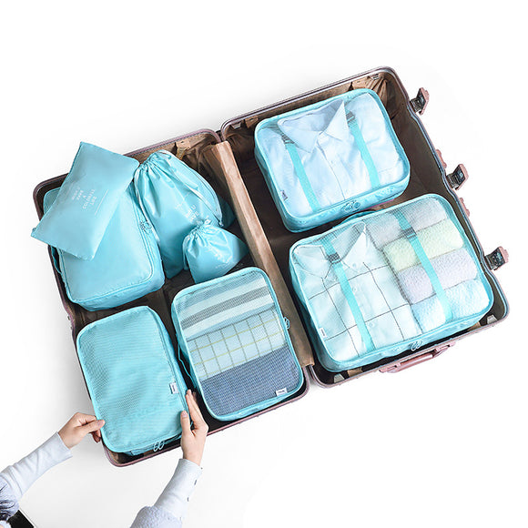 NNEDSZ Light Blue 8-Piece Travel Organizer Set – Packing Bags for Clothes, Shoes, Underwear, and Toiletries with Drawstring and Zip Pouches
