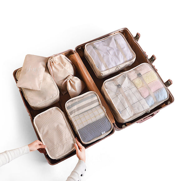 NNEDSZ Off White 8-Piece Travel Organizer Set - Packing Bags for Clothes, Shoes, Underwear, and Toiletries with Drawstring and Zip Pouches