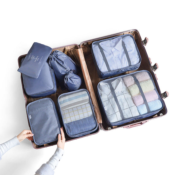 NNEDSZ Gray Blue 8-Piece Travel Organizer Set - Packing Bags for Clothes, Shoes, Underwear, and Toiletries with Drawstring and Zip Pouches