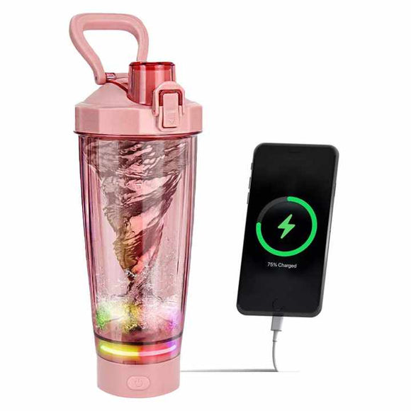 NNEDSZ Pink Portable Electric Shaker Bottle with LED Light, 550ml Sports Protein Mixer Cup for Gym and Travel