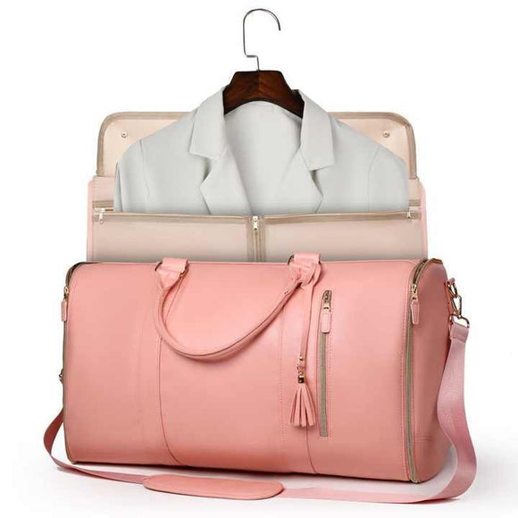 NNEDSZ Pink  PU Leather Foldable Garment Bag, Women's Travel Duffel with Suit Carrier, Multi-Function Storage