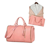 NNEDSZ Pink  PU Leather Foldable Garment Bag, Women's Travel Duffel with Suit Carrier, Multi-Function Storage