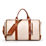 NNEDSZ White And Brown  PU Leather Foldable Garment Bag, Women's Travel Duffel with Suit Carrier, Multi-Function Storage