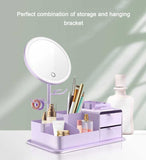NNEDSZ Purple LED Vanity Mirror with Storage, Rotating Makeup Mirror, USB Rechargeable Desktop Organizer