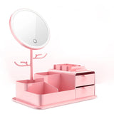 NNEDSZ Pink LED Vanity Mirror with Storage, Rotating Makeup Mirror, USB Rechargeable Desktop Organizer