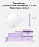 NNEDSZ Pink LED Vanity Mirror with Storage, Rotating Makeup Mirror, USB Rechargeable Desktop Organizer