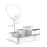 NNEDSZ White LED Vanity Mirror with Storage, Rotating Makeup Mirror, USB Rechargeable Desktop Organizer