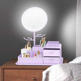 NNEDSZ White LED Vanity Mirror with Storage, Rotating Makeup Mirror, USB Rechargeable Desktop Organizer